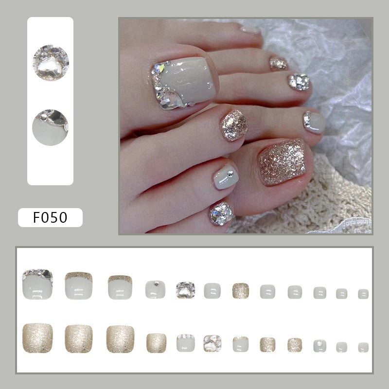 Love Rhinestones Korean Fake ToeNails Press On Square Nails Sparkling False Toe Nails With Designs Diamond Full Cover Nail Tips