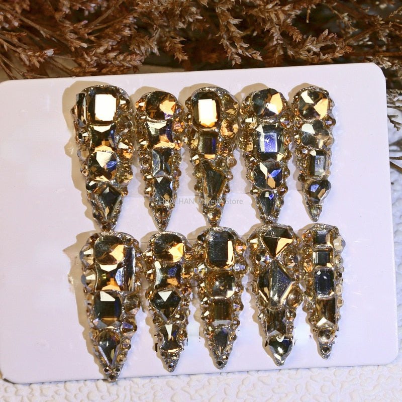 Handmade Luxury Bling Rhinestone False Nails Tips Glittery Full Cover Long Stiletto Coffin Acrylic Fake Nail With Glue Reusable