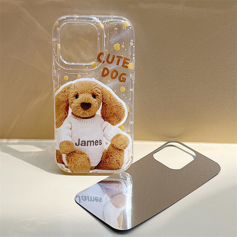 Kawaii Plush puppy doll mirror card transparent Phone Case For iPhone 14 13 12 11 Pro Max Xr Xs 7 8 14 Plus Case Cute Soft Cover