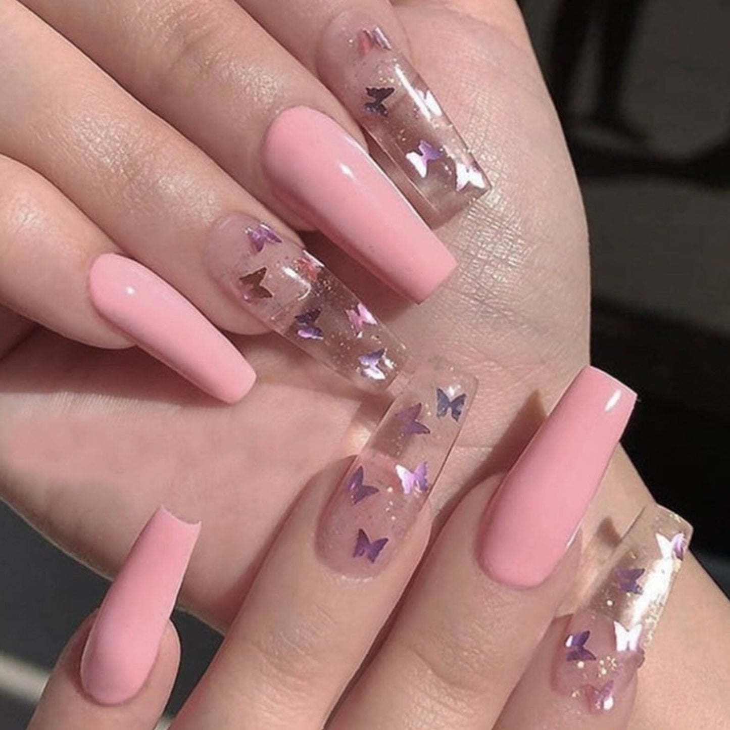 Lilac gradient Butterfly Pattern Fake Nails Full cover False Nails Extra Long Ballerina Coffin Nails Manicure Nail Art