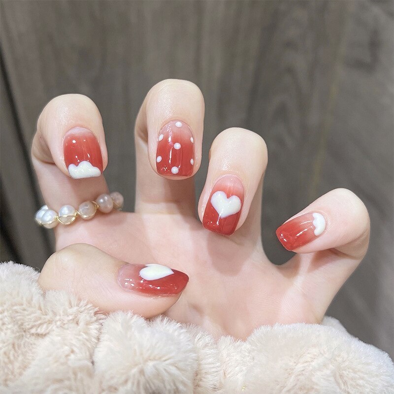 Press on False with Designs Set Cartoon Animal Decal Fake Nails Art Heart Point Full Cover Artificial Short artificial Nail Tips