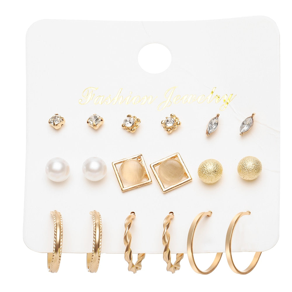 17KM Gold Color Twist Hoop Earrings Set for Women Girls Heart Pearl Metal Earring