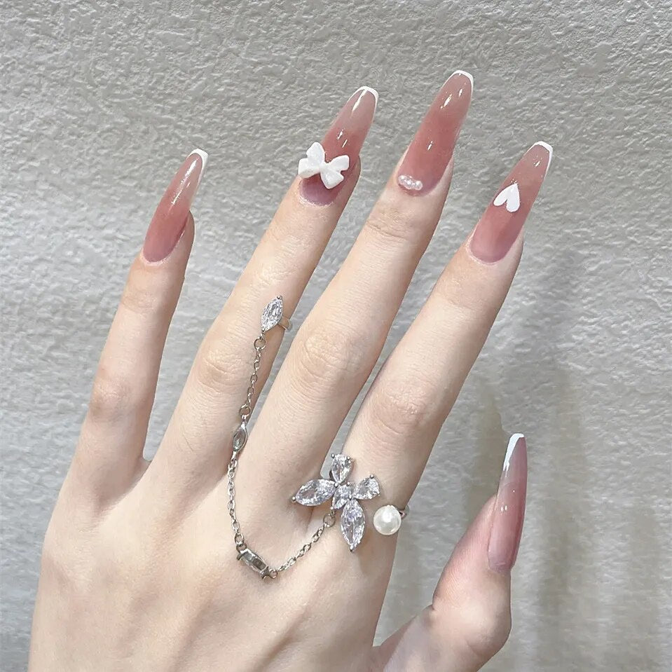 24pcs Wearable korean press on nails short ballet Artificial Nails with glue Cute sweet cool Pearl diamond Designs Fake Nails