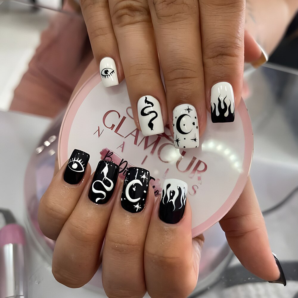 24Pcs Halloween Black Ghost Long Ballet False Nails With Heart Blood Design Halloween Press On Nails Detachable Full Cover Nails