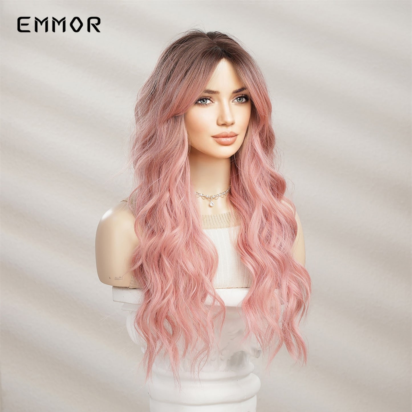 Synthetic Long Wavy Wigs with Bangs for Women Cosplay Natural Ombre Black to Pink Hair Wig High Temperature Fiber