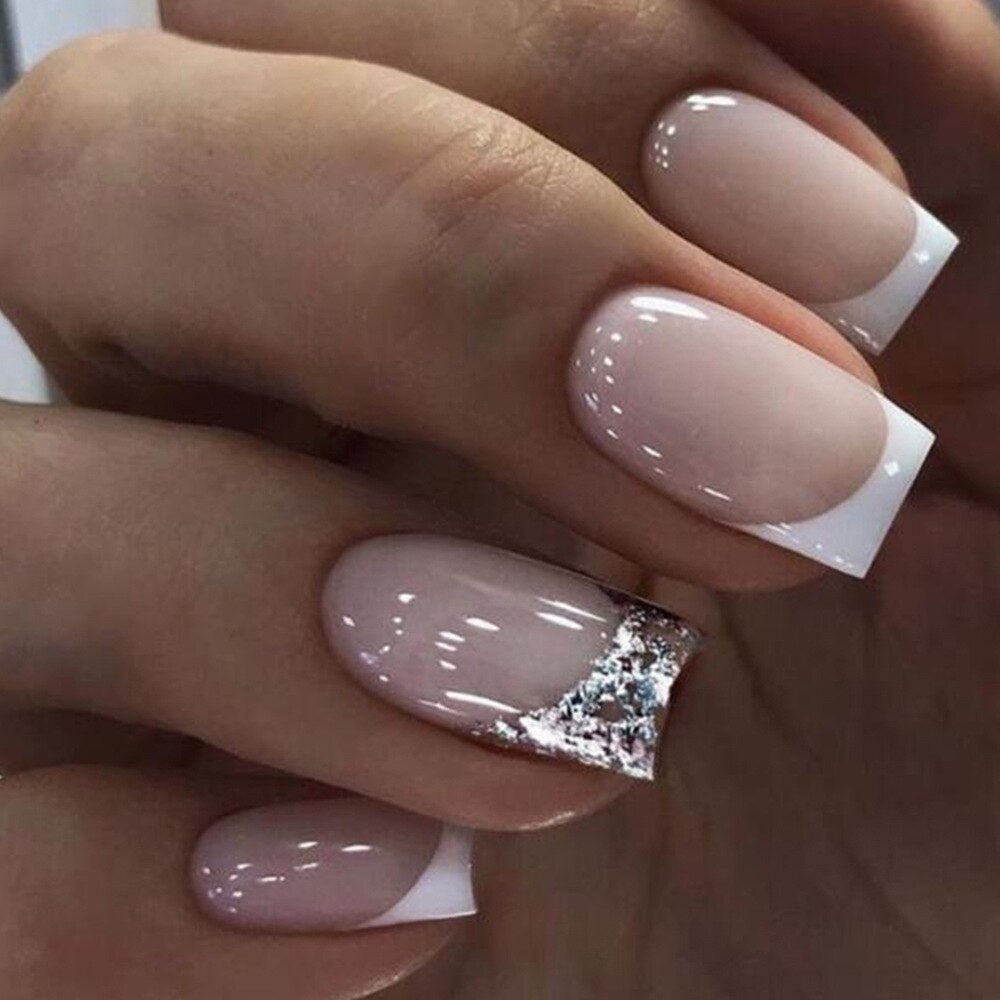 24Pcs Simple False Nails with White Edged Designs Long Ballerina Fake Nails Wearable Coffin French Nails Tips Press on Nails