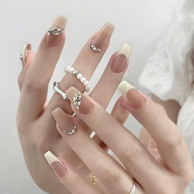 24pcs Wearable korean press on nails short ballet Artificial Nails with glue Cute sweet cool Pearl diamond Designs Fake Nails