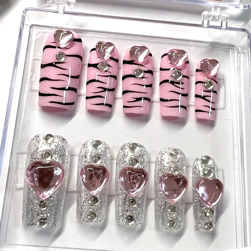 Handmade Y2K Cute False Nails Tips Glitter Rhinestone Press On Nail Reusable Long Coffin Ballet Acrylic Fake Nail With Glue