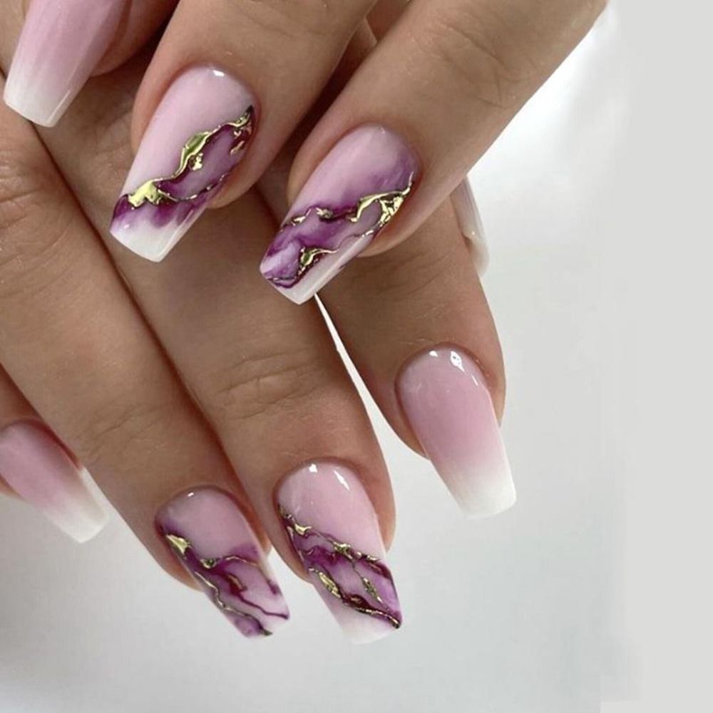 Purple Pink Ombre Rhinestone Fake Nails Coffin Ballerina Ladies Fingernails Natural Long French Gradient Press On False Nails