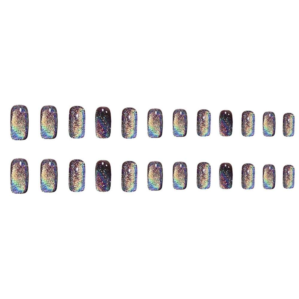 24pcs Aurora False Nail Cat Eye Black Fake Nail Full Cover Glitter Coffin Press on Nail Bride Lady Manicure Acrylic Nail Tip