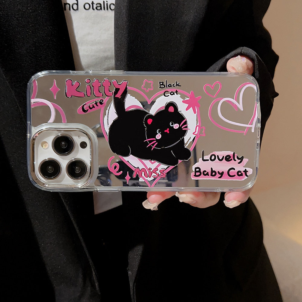 Retro Kawaii Graffiti black cat pink Love art mirror art Phone Case For iPhone 14 13 12 11 Pro Max Case Cute Cartoon hard Cover