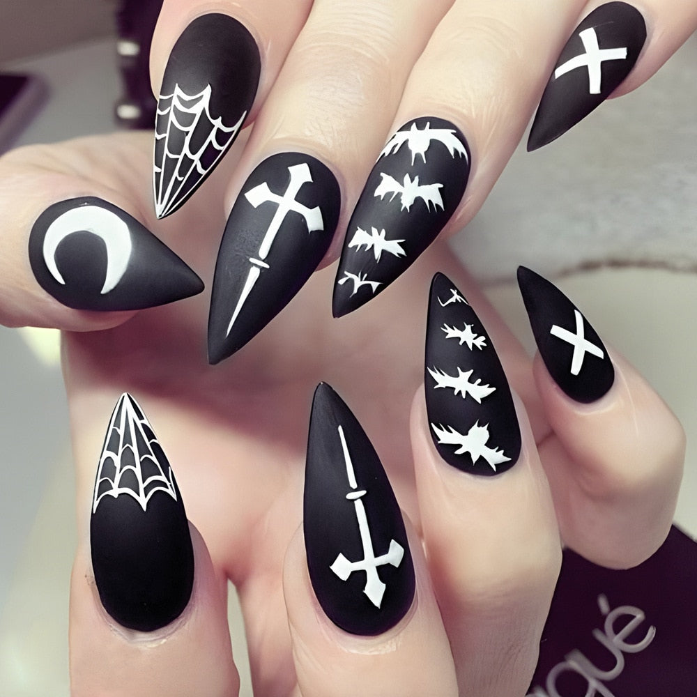 24Pcs Halloween Black Ghost Long Ballet False Nails With Heart Blood Design Halloween Press On Nails Detachable Full Cover Nails