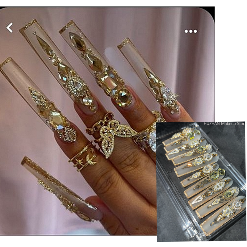 Handmade 3XL Full Cover False Nail Tips Luxury Glittery Rhinestone Press On Nails Y2K Reusable Extra Long Fake Nail With Glue