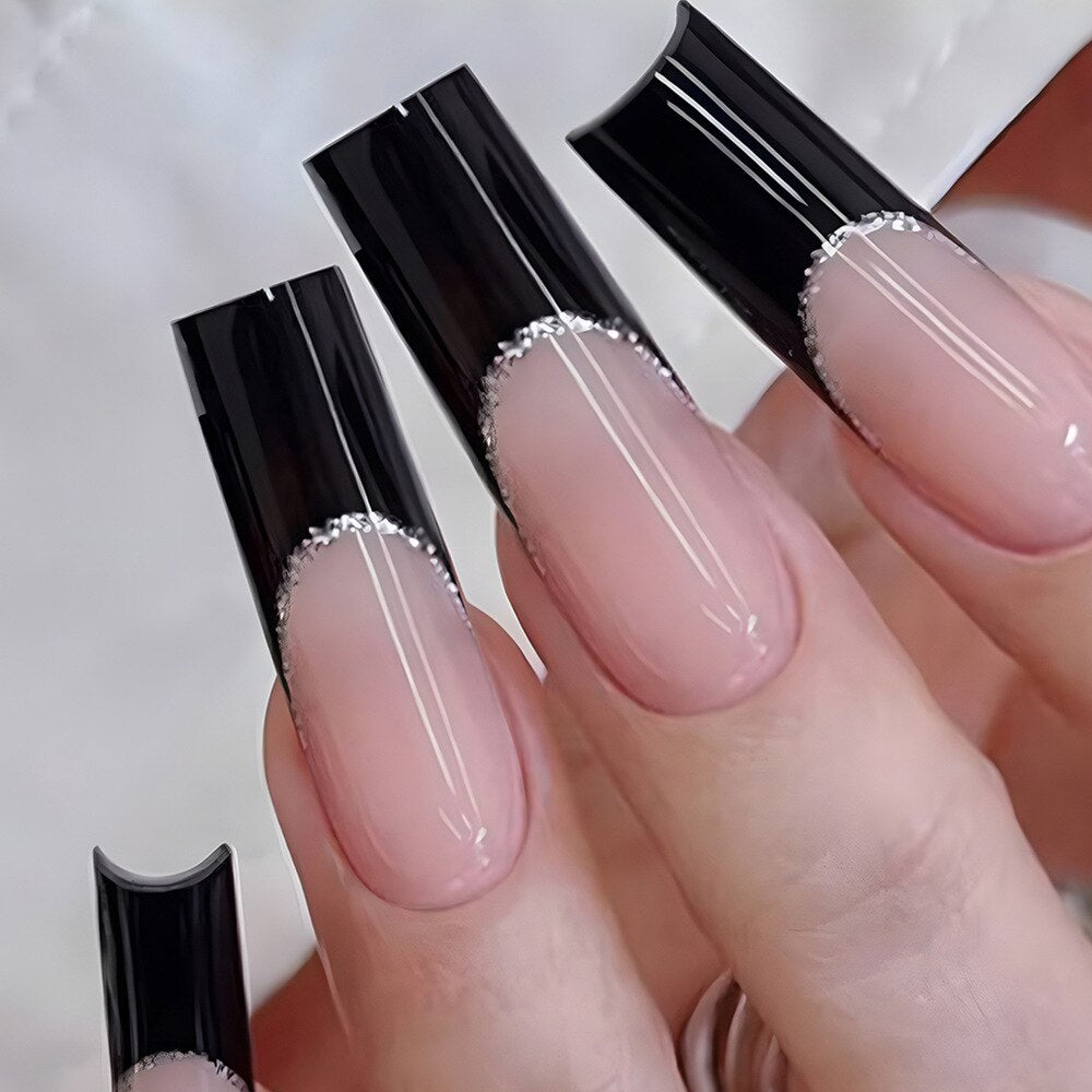 24Pcs Simple False Nails with White Edged Designs Long Ballerina Fake Nails Wearable Coffin French Nails Tips Press on Nails