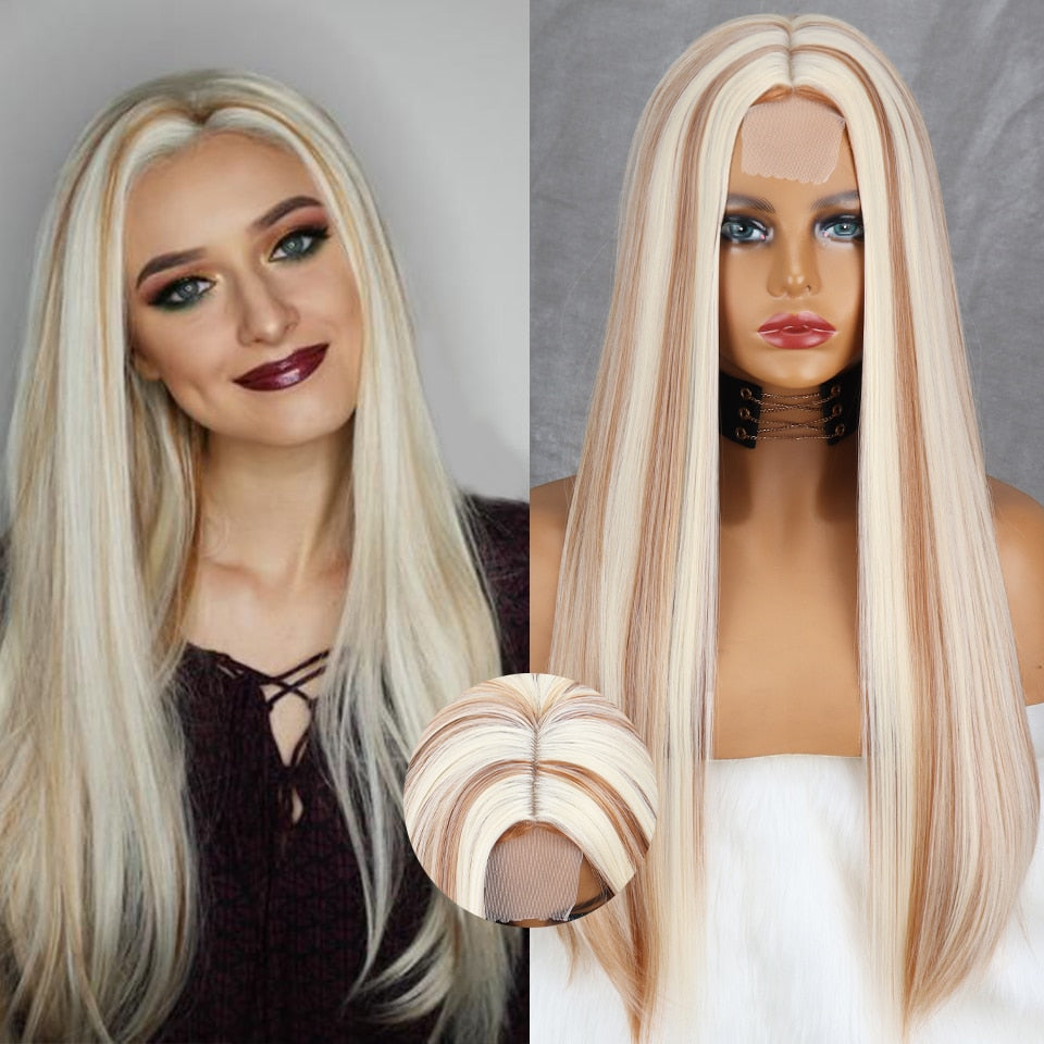 Long Straight White Natural Wigs Middle Part Heat Resistant Synthetic Wigs Suitable for African Women Daily Cosplay Halloween Wig