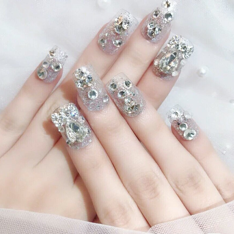 24Pcs/box Luxe Shining Rhinestone Wedding False Nails Transparent Glitter Gems Crown Designed Square Full Short nails Bride