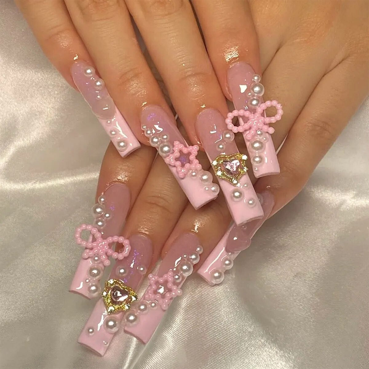 24Pcs Long Ballerina False Nails  Press on Nails Serpentine Flower with Rhinestones French Fake Nails Wearable White Nails Tips