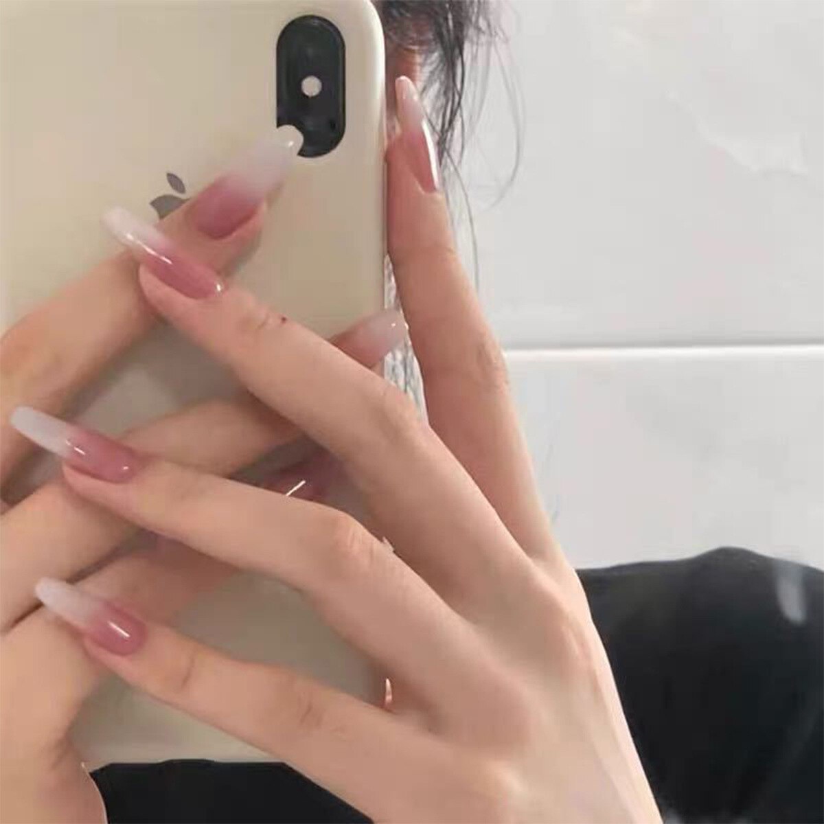 24pcs wearable french gradient pink white press on nails coffin ballet simple classic french artificial fake nails with glue