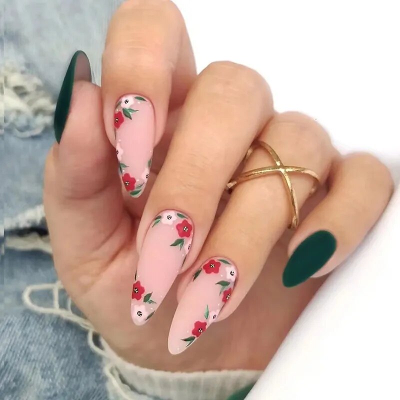 24Pcs Pink Round Head Almond Fake Nails with Heart Shape Rhinestone Wearable Ballerina False Nail Tips Full Cover Press on Nail