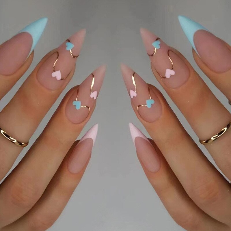 24pc removeable Almond stiletto false nails with pink floral designs Matte pearl fake nails with glue ballet press on nails