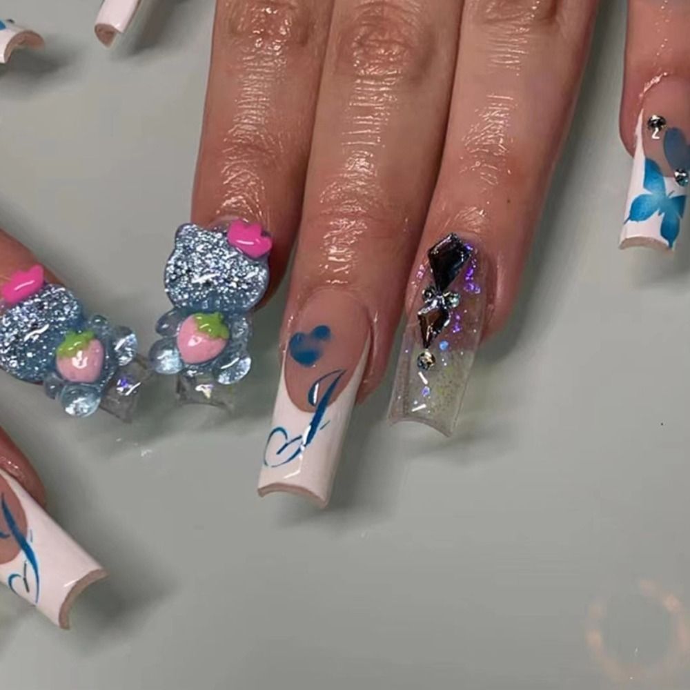 Press On Nails Long Blue Heart Coffin False Nails Star Shiny Pattern Design Ballerina Fake Nails Manicure Full Cover Nail Tips