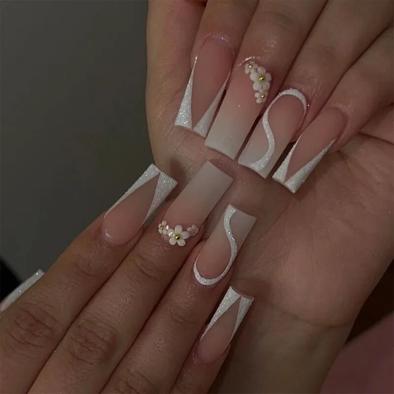 24Pcs Long Ballerina False Nails  Press on Nails Serpentine Flower with Rhinestones French Fake Nails Wearable White Nails Tips