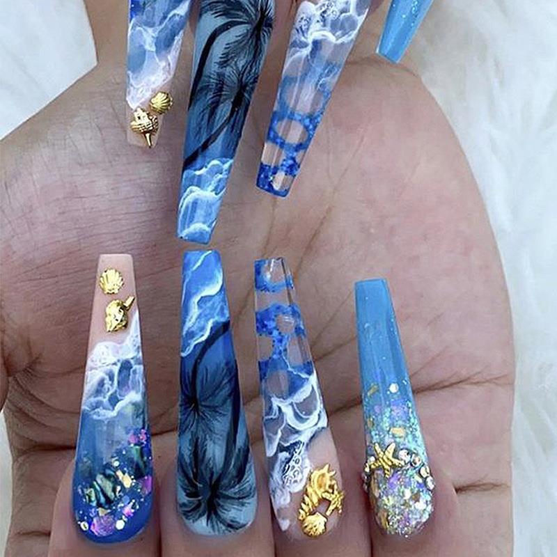 24Pcs Gradient Long Ballet False Nails Butterfly Designs Fake Nails with Rhinestone Wearable Coffin Nail Tip Press on Nails