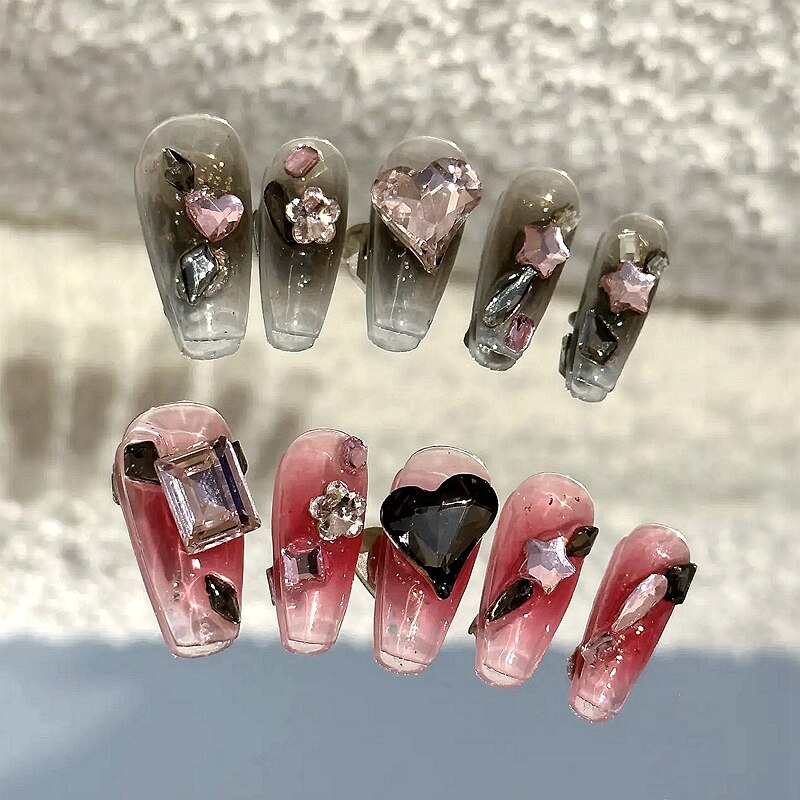 Handmade Mermaid Design Short False Nails Tips Luxury Flower Press On Nail Y2K Reusable Full Cover Coffin Fake Nail With Glue