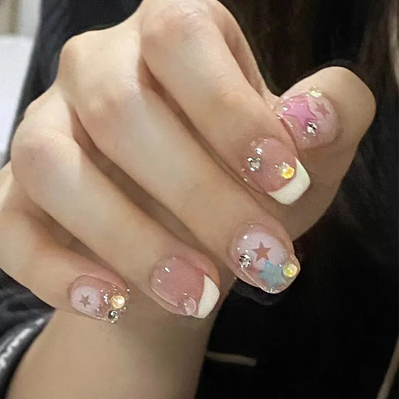 24pcs Wearable korean press on nails short ballet Artificial Nails with glue Cute sweet cool Pearl diamond Designs Fake Nails