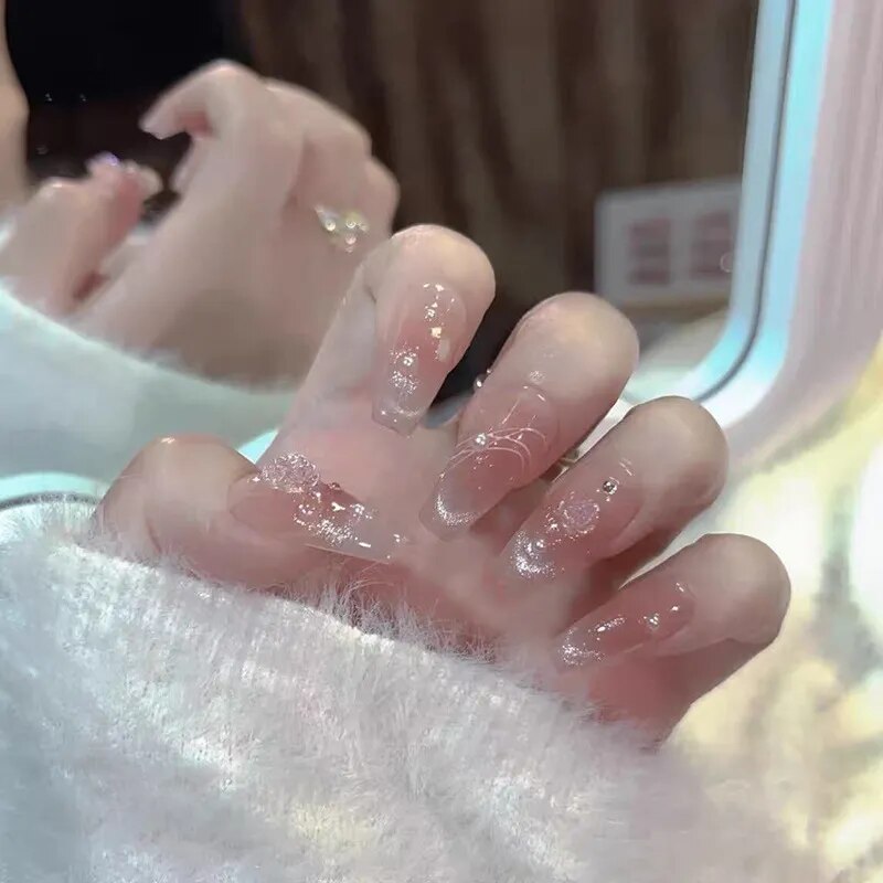 24pcs/box gradient French artifical nails with glue shiny star Fake Nails Lovely Girl korean press on nails ballerina False Nail