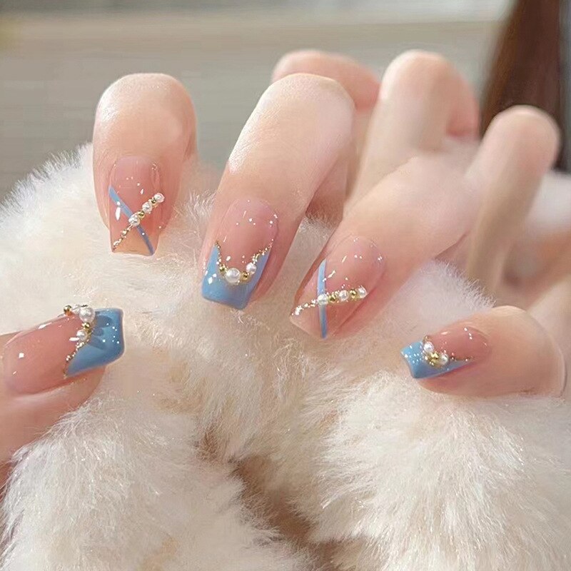 24pcs/box gradient French artifical nails with glue shiny star Fake Nails Lovely Girl korean press on nails ballerina False Nail