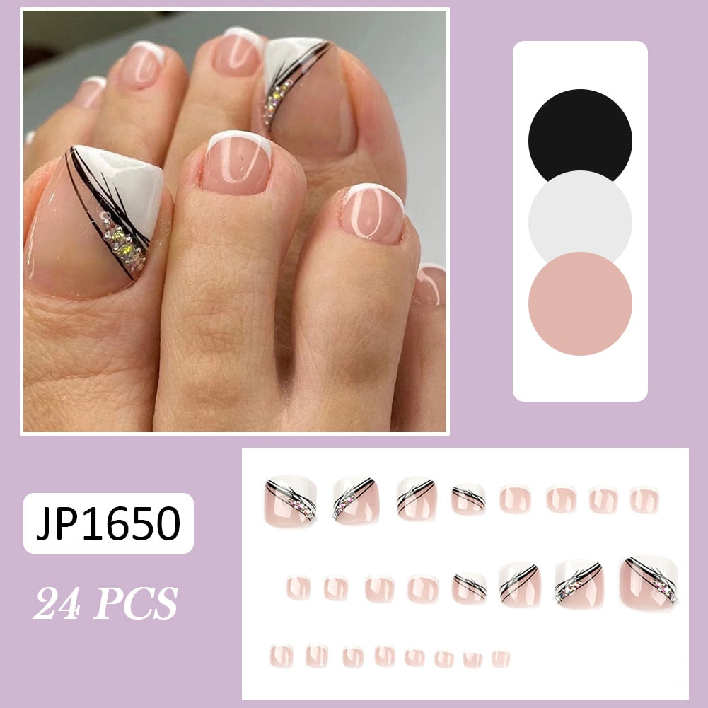 Gold Full Diamond Feet Nails Press On Fake Glitter Toe Nail Stickers Full Cover Toe Nail Tips False Foot Nails