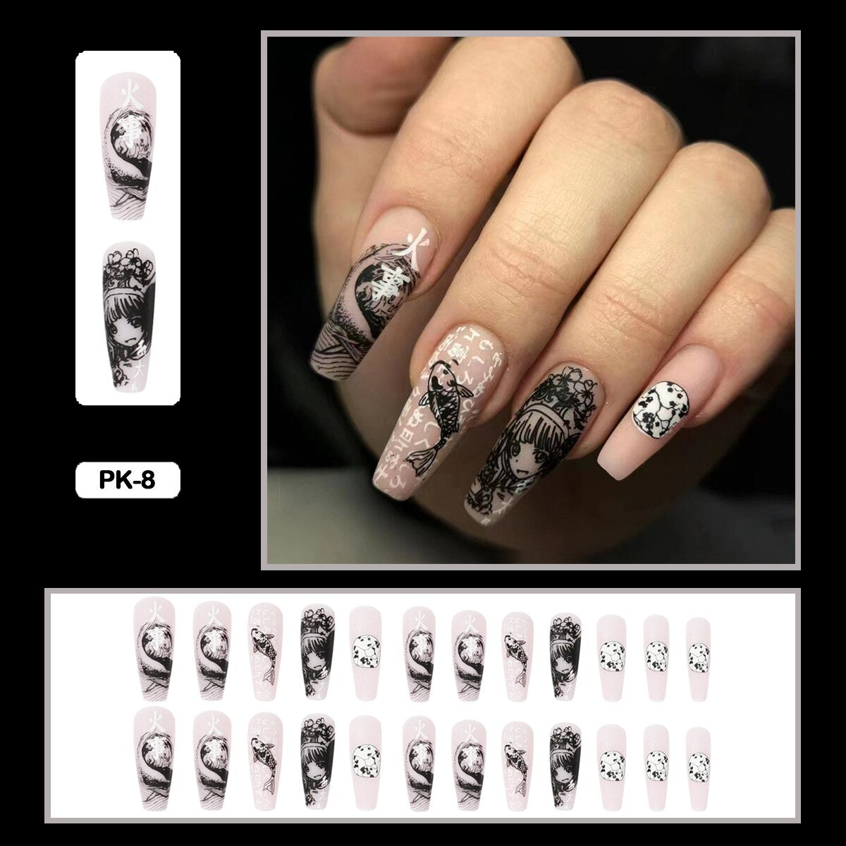 24PCS Dark Punk False Nails with Glue Gradient Long Detachable Fire Stick on Nails Skull Flame  Art DIY Fashion Manicure Tool