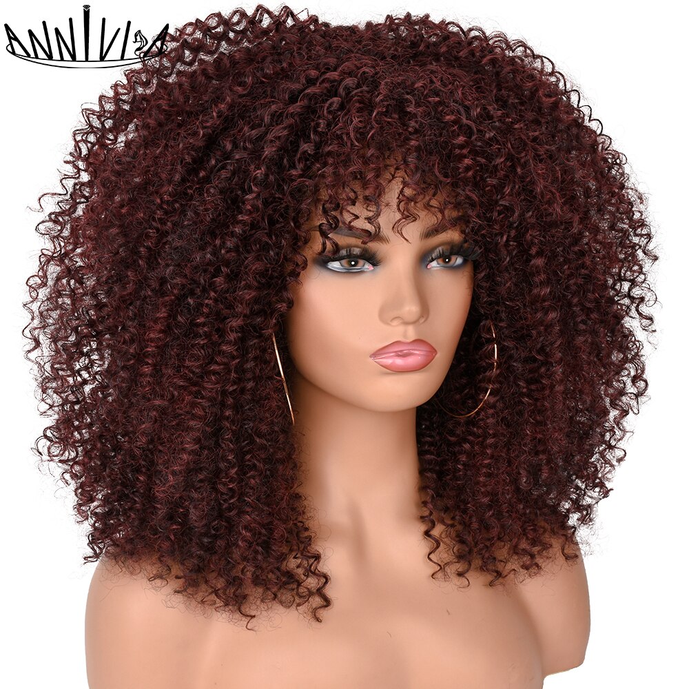 Short Hair Afro Kinky Curly Wigs With Bangs For Black Women Fluffy Synthetic African Ombre Glueless Brown Blonde Cosplay Wigs