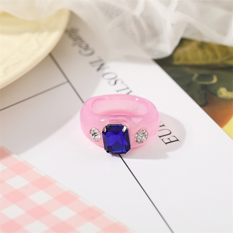 Colorful Transparent Resin Acrylic Crystal Rhinestone Simple Geometric Square Round Rings Set Jewelry