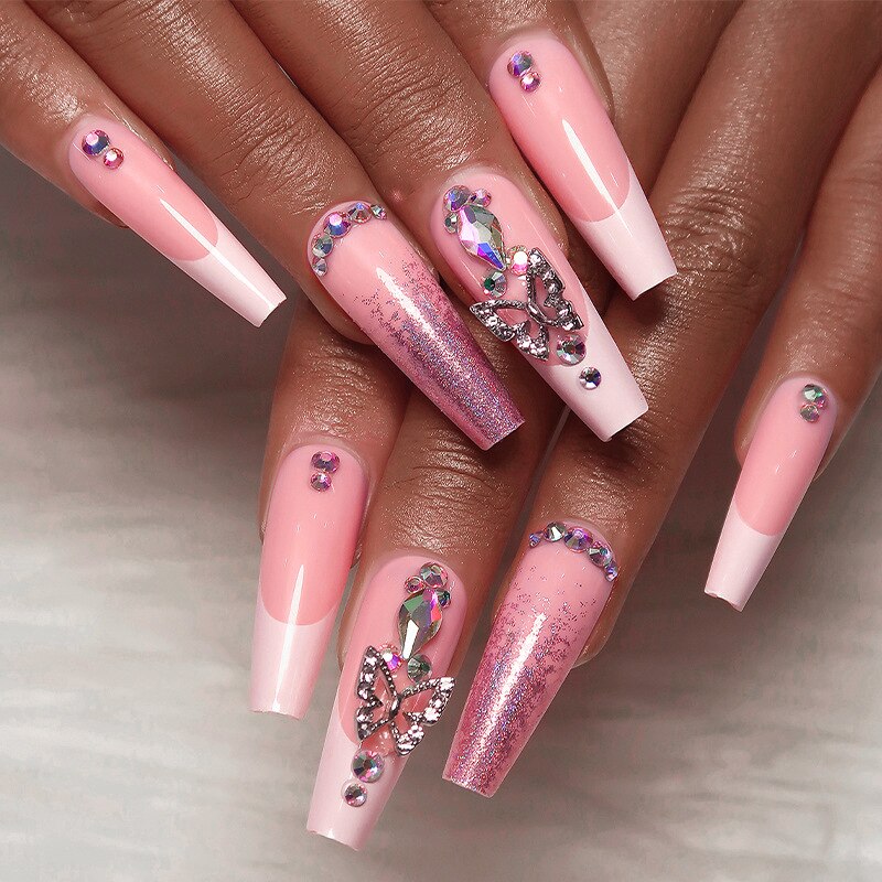 24pcs artificial nails pink french press on nails Sticker Fake Nails Tips With Glue Full Cover Detachable Finished Fingernails