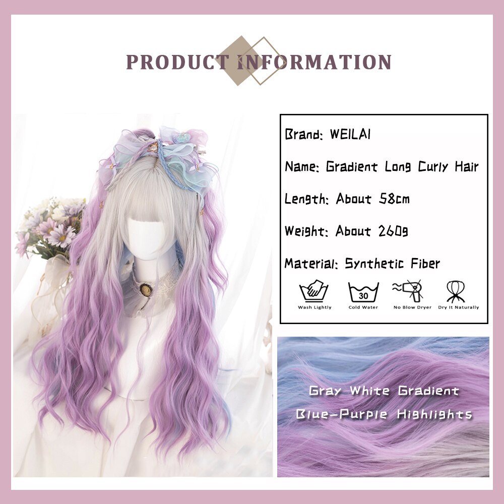 Cosplay Purple Blue High Gloss Bangs Synthetic Long Curly Hair Wig Lolita Women Heat-resistant Wig