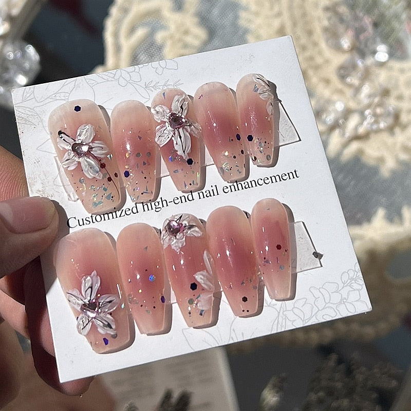 Handmade Mermaid Design Short False Nails Tips Luxury Flower Press On Nail Y2K Reusable Full Cover Coffin Fake Nail With Glue