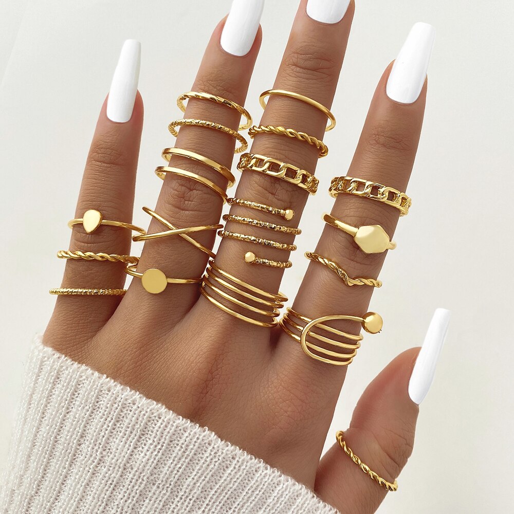 23pcs Hiphop Gold Color Geometric Wheat Rings Set For Women Girls Punk Star Moon Eye Wave Finger Rings Jewelry Party