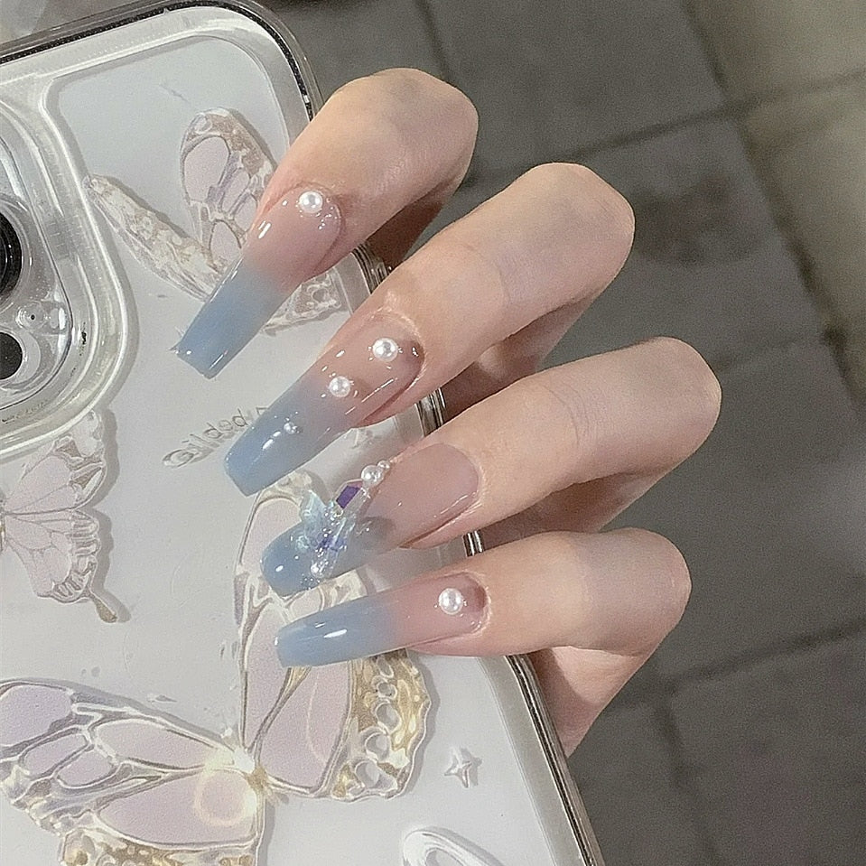 24pcs Wearable korean press on nails short ballet Artificial Nails with glue Cute sweet cool Pearl diamond Designs Fake Nails