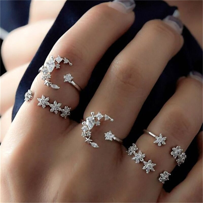 6pcs/set Luxury Green Rhinestone Rings for Women Vintage Crystal Snake Adjustable Metal Ring Set Jewelry