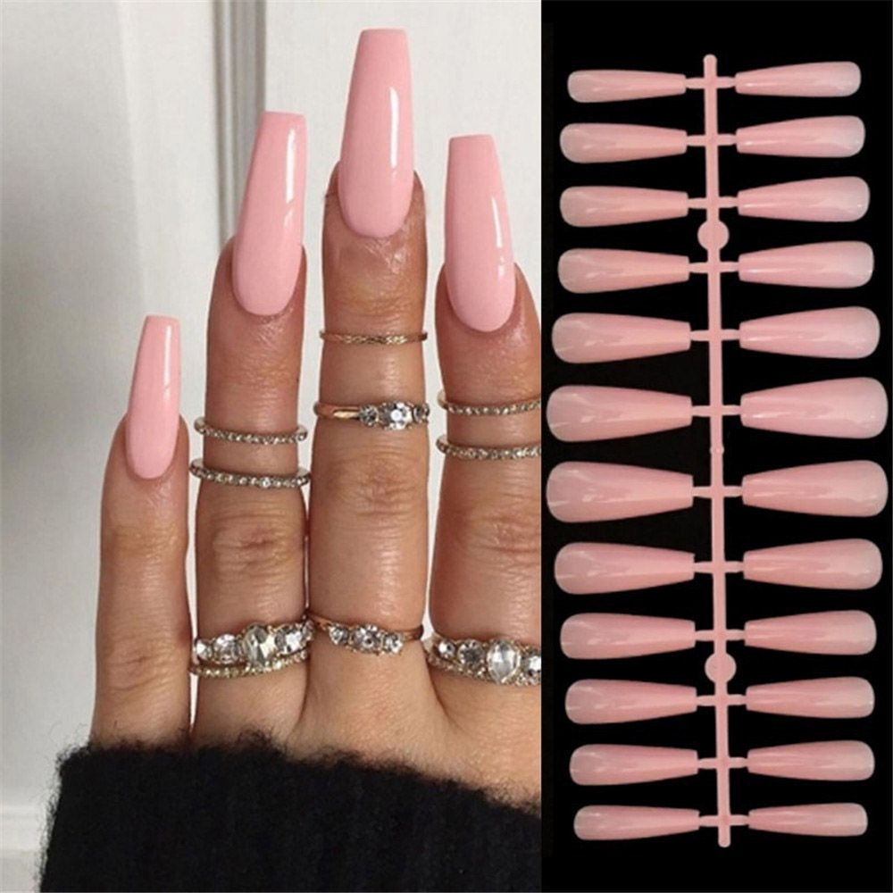 Long Ballerina French Fake Nails Pink Fur Ball Diamond Full Cover Press on False Nails DIY Detachable Manicure Nail Tips