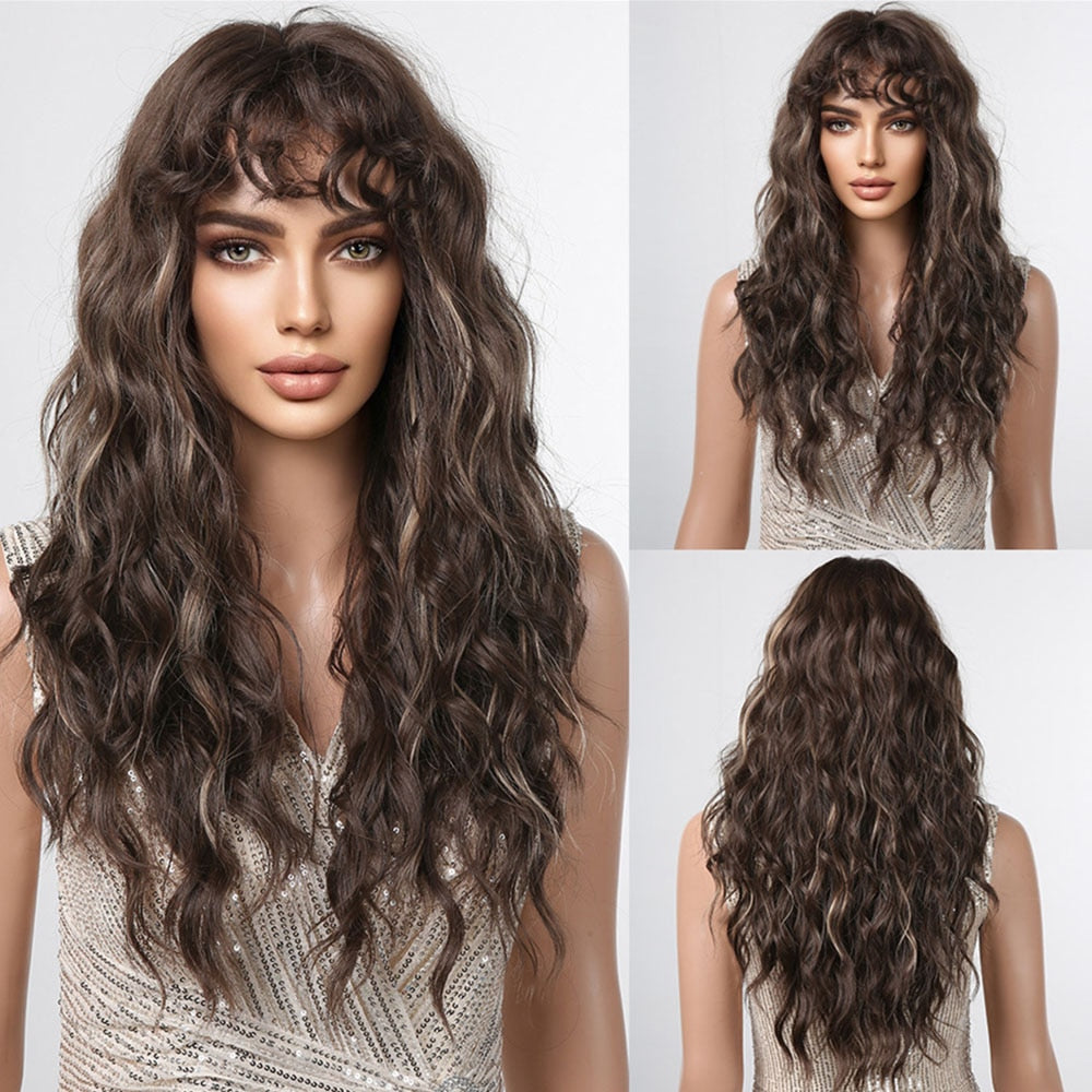 Black Curly Synthetic Wigs Natural Long Women's Wig with Bangs Deep Water Wave Bohemian Cosplay Wig For Black Women Fake Hair