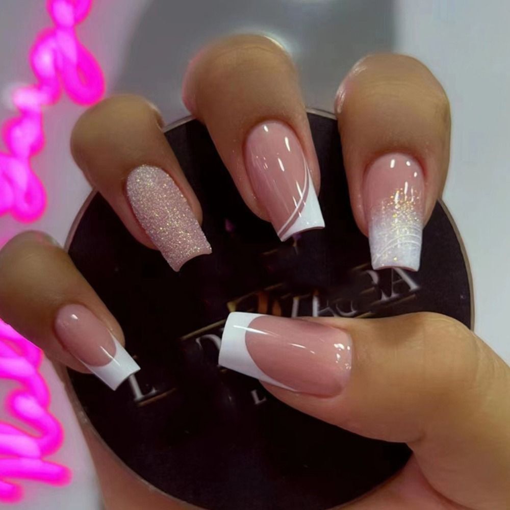 24pcs False Nail Full Cover Fake Nail Elegant Pink Gradient Glitter French Short Nails Coffin Short False Nail Press On Nails