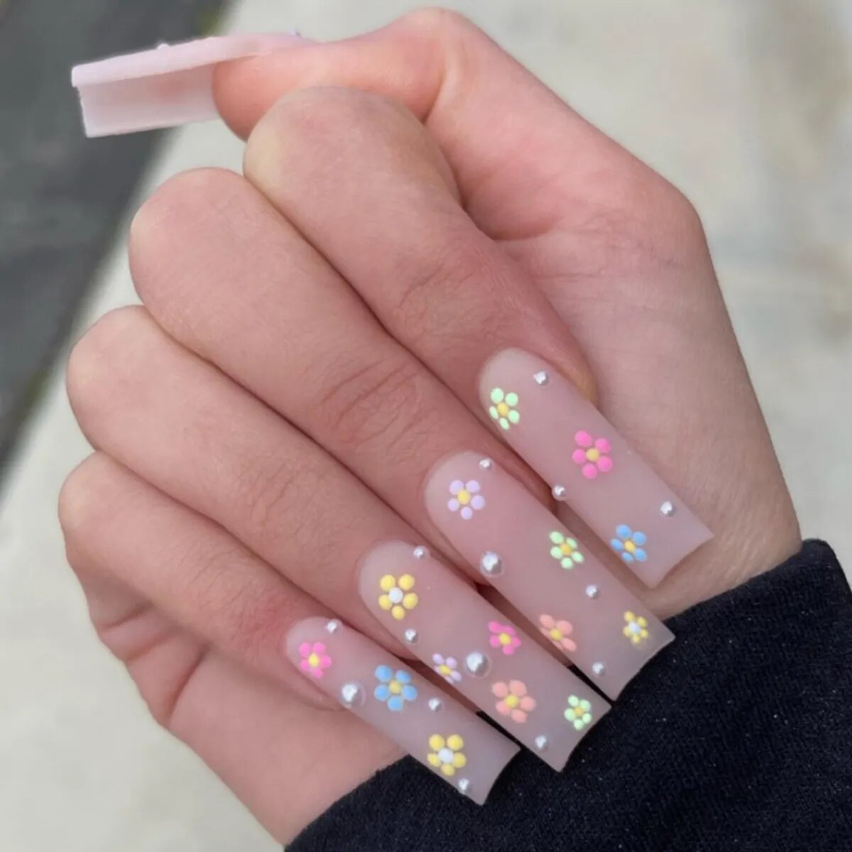 24Pcs Long Coffin White French False Nails Ballerina with Rhinestones Wearable Fake Nails Art Full Cover Press On Nails Tips