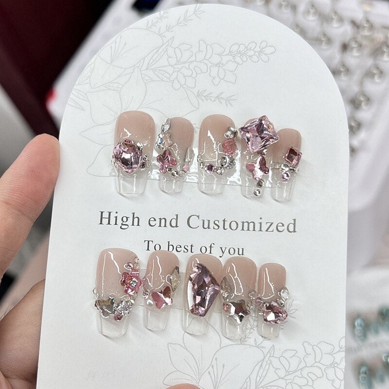 Handmade Luxury Short False Nails Art Glittery Rhinestone Press On Nail Y2K Reusable Full Cover Long Coffin Fake Nail With Glue