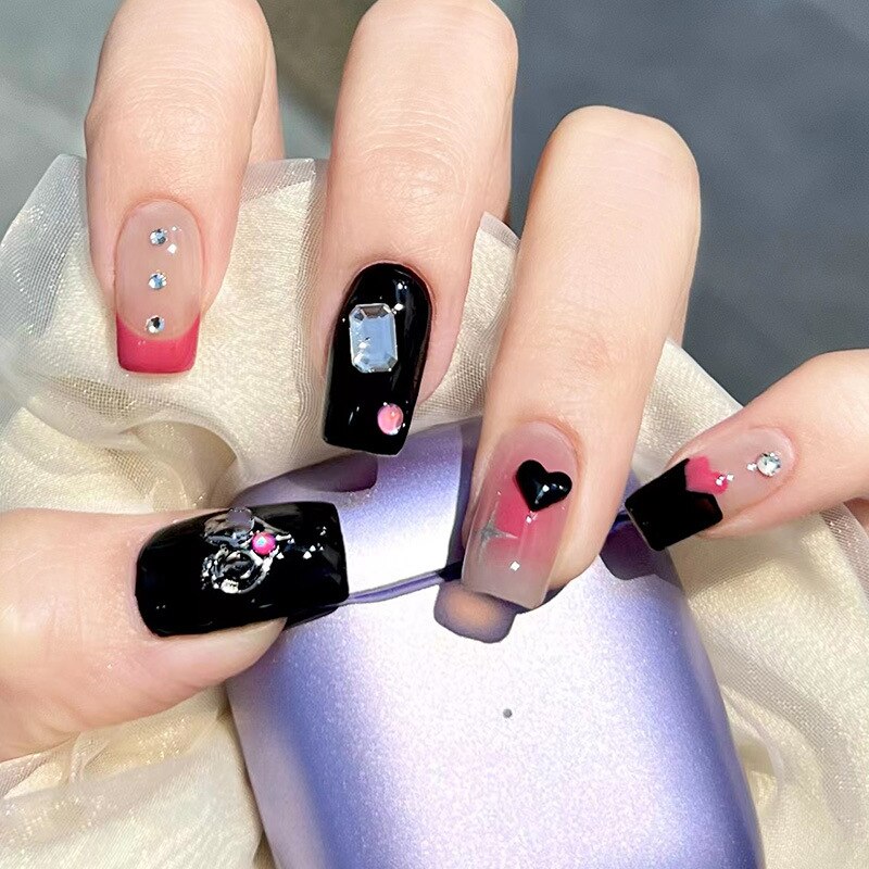 24pcs Wearable korean press on nails short ballet Artificial Nails with glue Cute sweet cool Pearl diamond Designs Fake Nails