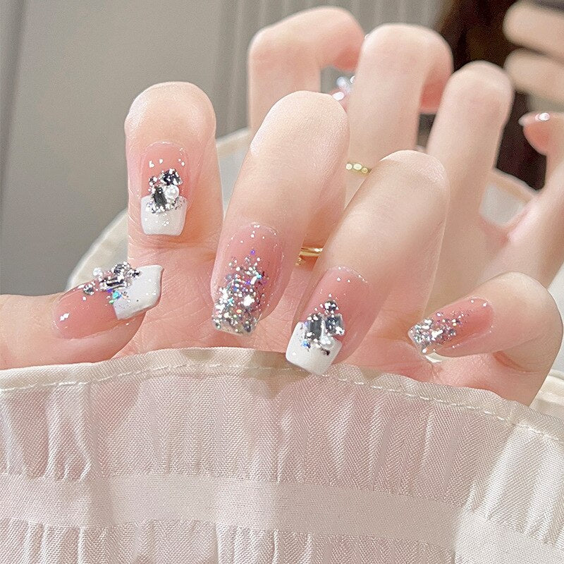 24pcs/box gradient French artifical nails with glue shiny star Fake Nails Lovely Girl korean press on nails ballerina False Nail