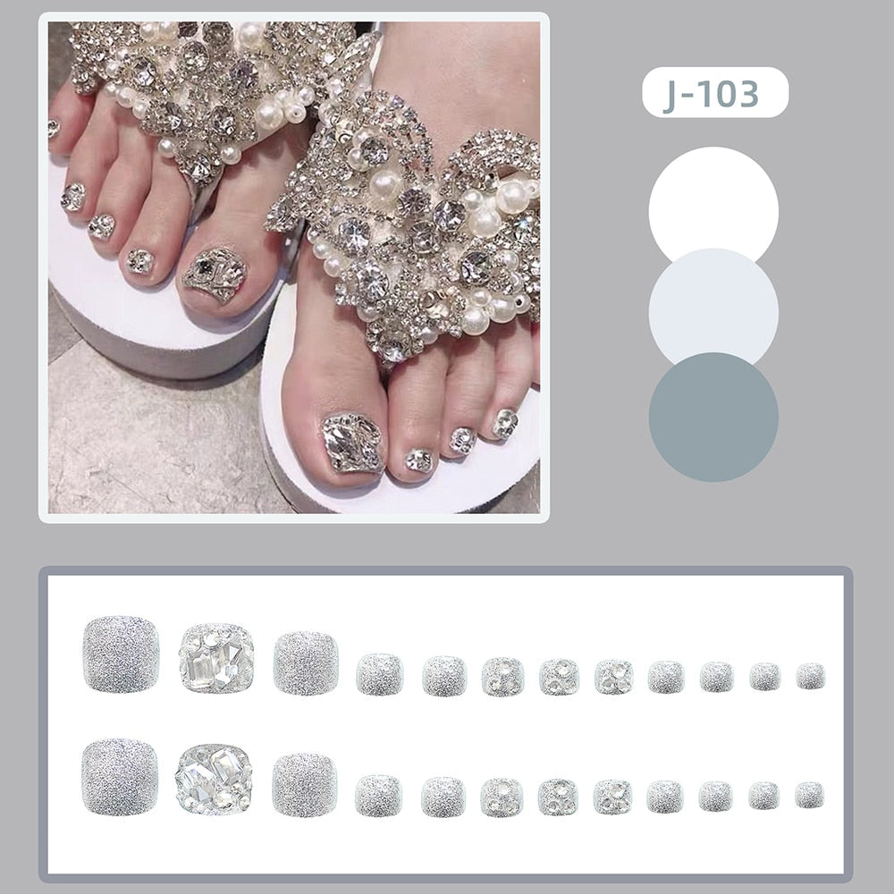 Gold Full Diamond Feet Nails Press On Fake Glitter Toe Nail Stickers Full Cover Toe Nail Tips False Foot Nails