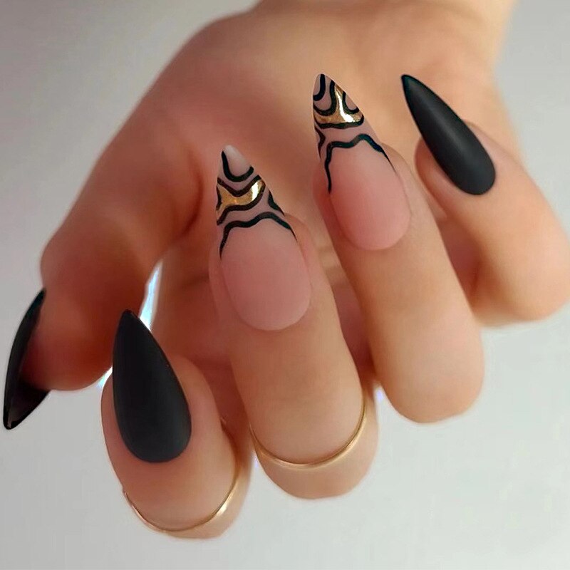 Long Stiletto False Nails with Black Edge French Gold Thread & Black Rhinestones Design Wearable Fake Nail Press on Manicure Tip